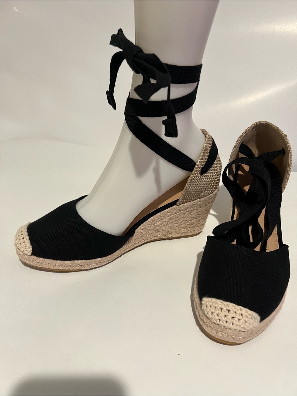 Black Espadrille Wedge Sandals with Ankle Wrap